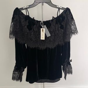 Black velvet gold hawk off the shoulder top